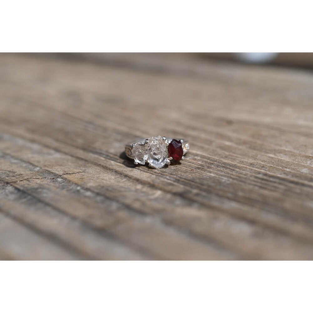 Engagement ring Raw Garnet and Lake county diamond , Rough Diamond Wedding Band,